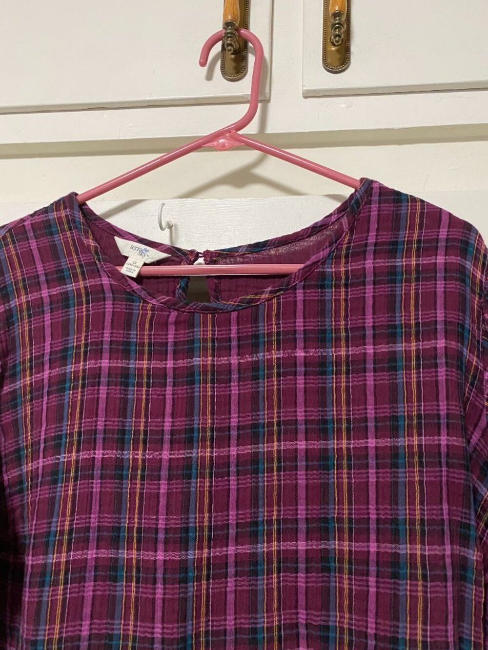 FEMININE & COLORFUL, Terra & Sky, short sleeve, burgundy plaid blouse, size 1X - Picture 2 of 9